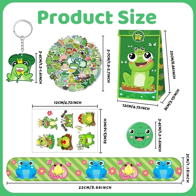 Alt view image 9 of 14 - 110 PCS Frog Party Favors, Frog Temporary Tattoos Slap Bracelets Keychains Stickers Badges Gift Bags for Frog Birthday Party Decorations Supplies Gifts for Classroom Rewards Baby Shower