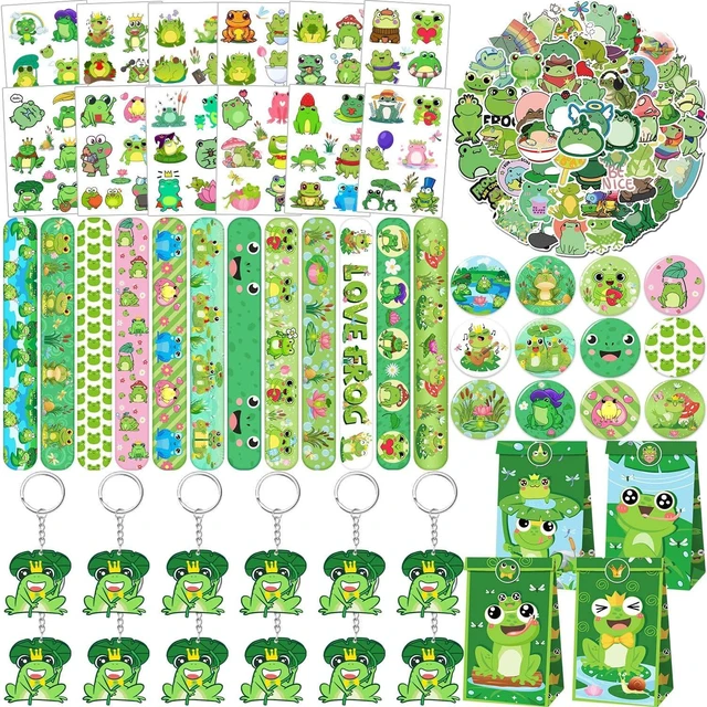 Alt view image 8 of 14 - 110 PCS Frog Party Favors, Frog Temporary Tattoos Slap Bracelets Keychains Stickers Badges Gift Bags for Frog Birthday Party Decorations Supplies Gifts for Classroom Rewards Baby Shower