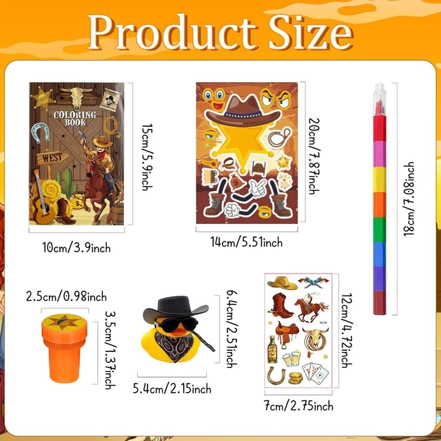 Alt view image 10 of 14 - Cinrobiye 72 Pcs Western Cowboy Party Favors, Wild West Coloring Books, Stickers, Tattoos, Stampers, Rubber Ducks, Rainbow Pencils, Barn Party Supplies, Birthday Goodie Bag Fillers, Prize Bulk Set