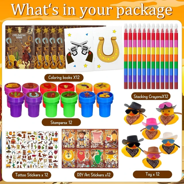 Alt view image 9 of 14 - Cinrobiye 72 Pcs Western Cowboy Party Favors, Wild West Coloring Books, Stickers, Tattoos, Stampers, Rubber Ducks, Rainbow Pencils, Barn Party Supplies, Birthday Goodie Bag Fillers, Prize Bulk Set