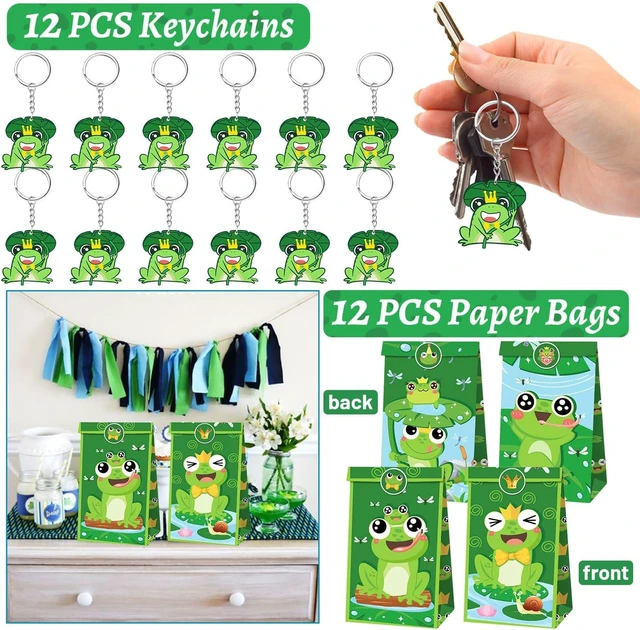 Alt view image 10 of 14 - 110 PCS Frog Party Favors, Frog Temporary Tattoos Slap Bracelets Keychains Stickers Badges Gift Bags for Frog Birthday Party Decorations Supplies Gifts for Classroom Rewards Baby Shower