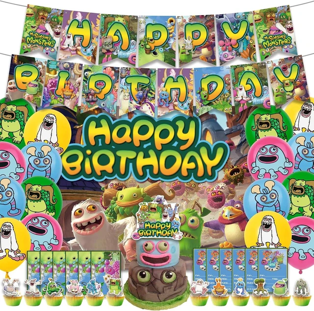 Alt view image 8 of 14 - Monster Theme Birthday Party Supplies Includes Cupcake&Cake Topper-Happy Birthday Banner-Background-Balloons-Invitation Card for Kids Monster Party Decoration