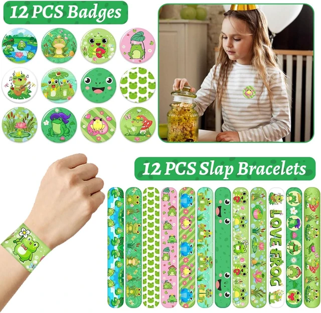 Alt view image 11 of 14 - 110 PCS Frog Party Favors, Frog Temporary Tattoos Slap Bracelets Keychains Stickers Badges Gift Bags for Frog Birthday Party Decorations Supplies Gifts for Classroom Rewards Baby Shower