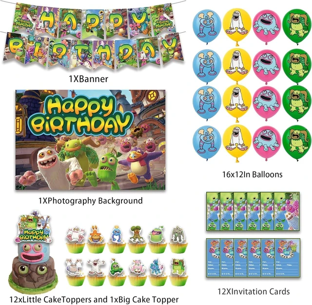 Alt view image 9 of 14 - Monster Theme Birthday Party Supplies Includes Cupcake&Cake Topper-Happy Birthday Banner-Background-Balloons-Invitation Card for Kids Monster Party Decoration