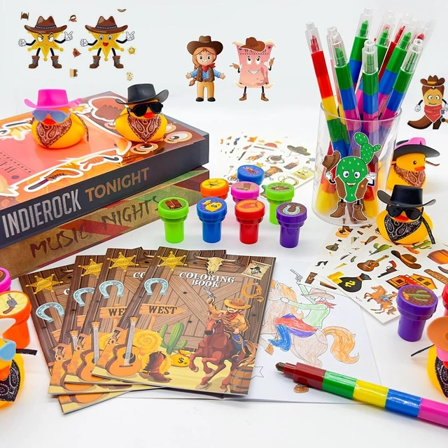 Alt view image 11 of 14 - Cinrobiye 72 Pcs Western Cowboy Party Favors, Wild West Coloring Books, Stickers, Tattoos, Stampers, Rubber Ducks, Rainbow Pencils, Barn Party Supplies, Birthday Goodie Bag Fillers, Prize Bulk Set