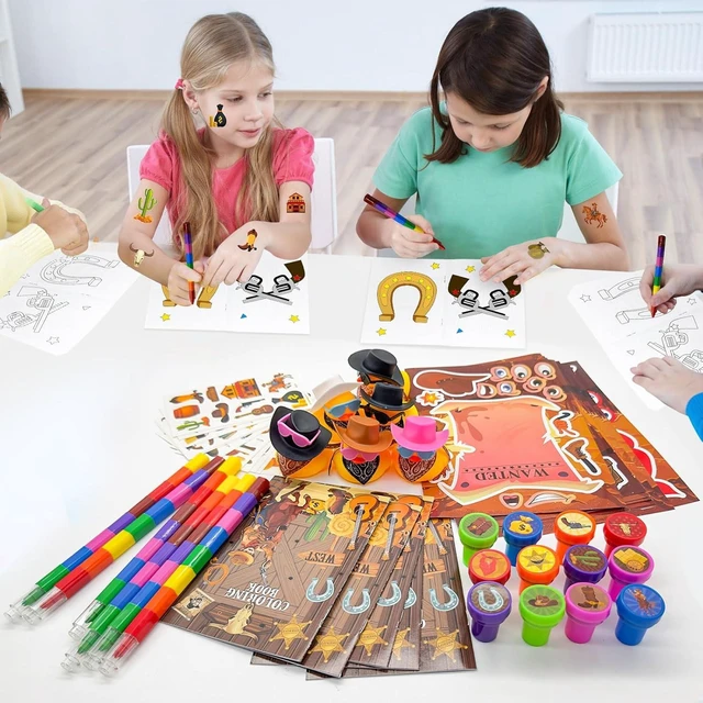 Alt view image 13 of 14 - Cinrobiye 72 Pcs Western Cowboy Party Favors, Wild West Coloring Books, Stickers, Tattoos, Stampers, Rubber Ducks, Rainbow Pencils, Barn Party Supplies, Birthday Goodie Bag Fillers, Prize Bulk Set