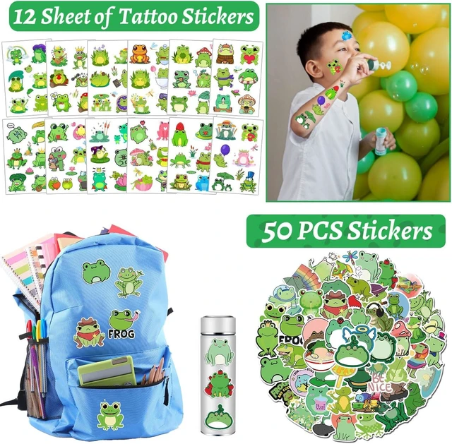 Alt view image 12 of 14 - 110 PCS Frog Party Favors, Frog Temporary Tattoos Slap Bracelets Keychains Stickers Badges Gift Bags for Frog Birthday Party Decorations Supplies Gifts for Classroom Rewards Baby Shower