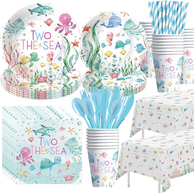 Alt view image 8 of 14 - APOWBLS Two The Sea Birthday Decorations Tableware, Ocean Underwater Under The Sea 2nd Birthday Party Supplies, Paper Plate, Cup, Napkin, Tablecloth, Cutlery | Serves 24