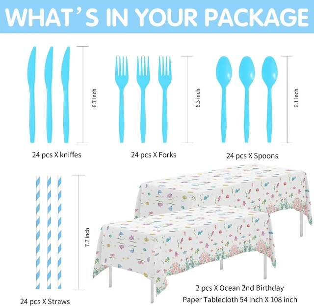 Alt view image 10 of 14 - APOWBLS Two The Sea Birthday Decorations Tableware, Ocean Underwater Under The Sea 2nd Birthday Party Supplies, Paper Plate, Cup, Napkin, Tablecloth, Cutlery | Serves 24