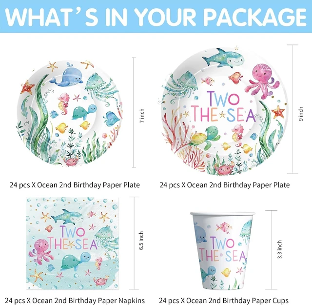Alt view image 9 of 14 - APOWBLS Two The Sea Birthday Decorations Tableware, Ocean Underwater Under The Sea 2nd Birthday Party Supplies, Paper Plate, Cup, Napkin, Tablecloth, Cutlery | Serves 24