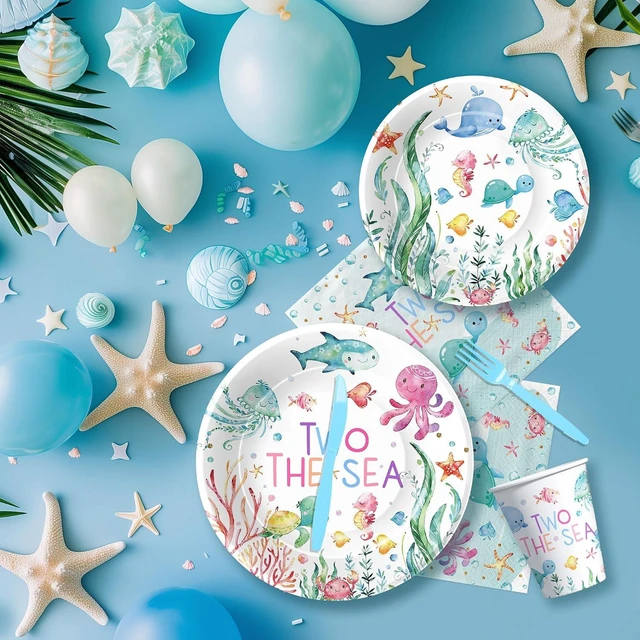 Alt view image 11 of 14 - APOWBLS Two The Sea Birthday Decorations Tableware, Ocean Underwater Under The Sea 2nd Birthday Party Supplies, Paper Plate, Cup, Napkin, Tablecloth, Cutlery | Serves 24
