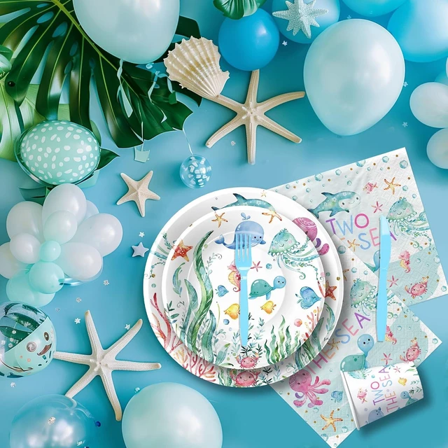Alt view image 12 of 14 - APOWBLS Two The Sea Birthday Decorations Tableware, Ocean Underwater Under The Sea 2nd Birthday Party Supplies, Paper Plate, Cup, Napkin, Tablecloth, Cutlery | Serves 24