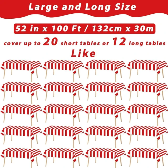 Alt view image 9 of 14 - 100Ft Long Tablecloth Roll Red and White Striped Tablecloth Carnival Circus Tent Party Supplies Halloween Christmas Plastic Picnic Table Cover for Birthday Party Circus Backdrop Banner Decoration