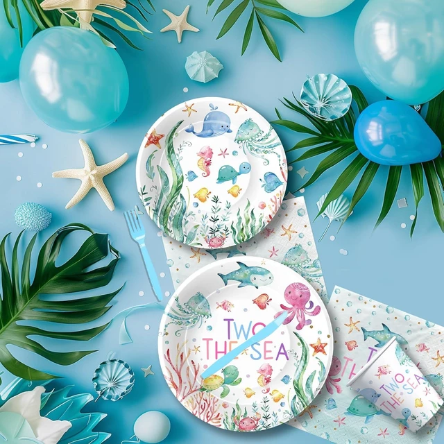 Alt view image 14 of 14 - APOWBLS Two The Sea Birthday Decorations Tableware, Ocean Underwater Under The Sea 2nd Birthday Party Supplies, Paper Plate, Cup, Napkin, Tablecloth, Cutlery | Serves 24