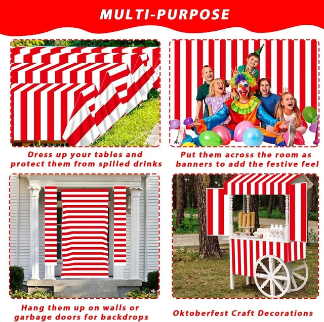 Alt view image 12 of 14 - 100Ft Long Tablecloth Roll Red and White Striped Tablecloth Carnival Circus Tent Party Supplies Halloween Christmas Plastic Picnic Table Cover for Birthday Party Circus Backdrop Banner Decoration