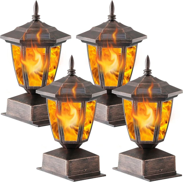 Alt view image 8 of 14 - Dynaming 4 Pack Solar Flame Post Lights Outdoor, Solar Powered Lamps Fence Post Cap Lights, Flickering Flame LED Lantern Waterproof for Garden Deck Patio, Fit 4x4, 5x5 or 6x6 Wooden Posts, Bronze