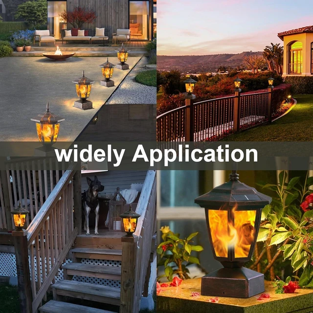 Alt view image 12 of 14 - Dynaming 4 Pack Solar Flame Post Lights Outdoor, Solar Powered Lamps Fence Post Cap Lights, Flickering Flame LED Lantern Waterproof for Garden Deck Patio, Fit 4x4, 5x5 or 6x6 Wooden Posts, Bronze