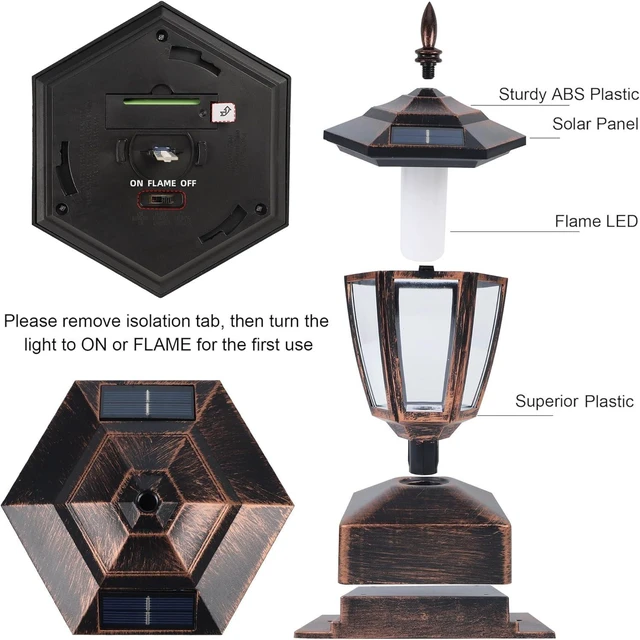 Alt view image 13 of 14 - Dynaming 4 Pack Solar Flame Post Lights Outdoor, Solar Powered Lamps Fence Post Cap Lights, Flickering Flame LED Lantern Waterproof for Garden Deck Patio, Fit 4x4, 5x5 or 6x6 Wooden Posts, Bronze