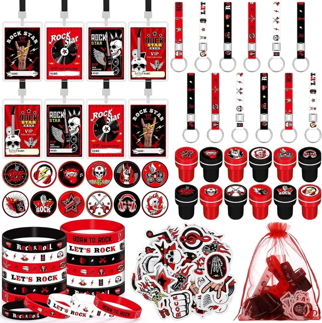 Alt view image 7 of 12 - Blosssound 122 Pcs Rock and Roll Party Favors with Rock Star Silicone Bracelets VIP Pass Badges Stampers Keychains Stickers for 80s 90s Music Theme Birthday Baby Shower Party Supplies Decorations