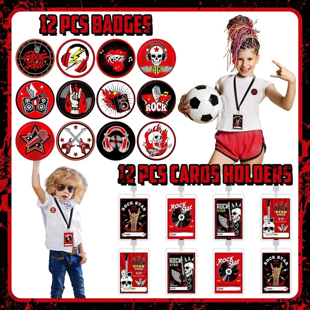Alt view image 12 of 12 - Blosssound 122 Pcs Rock and Roll Party Favors with Rock Star Silicone Bracelets VIP Pass Badges Stampers Keychains Stickers for 80s 90s Music Theme Birthday Baby Shower Party Supplies Decorations