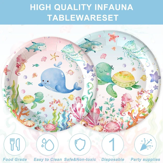 Alt view image 10 of 14 - 120PCS Under the Sea Party Supplies for Ocean Theme Baby Shower Birthday Party Underwater World Creatures Decorations Ocean Sea Animal Plate Cup Napkin Knives Forks for 20 Guests