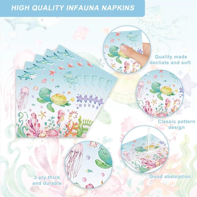 Alt view image 11 of 14 - 120PCS Under the Sea Party Supplies for Ocean Theme Baby Shower Birthday Party Underwater World Creatures Decorations Ocean Sea Animal Plate Cup Napkin Knives Forks for 20 Guests