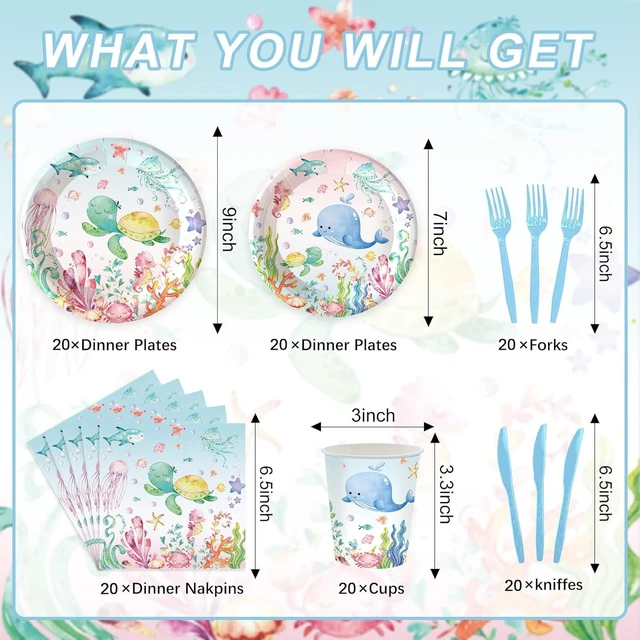 Alt view image 9 of 14 - 120PCS Under the Sea Party Supplies for Ocean Theme Baby Shower Birthday Party Underwater World Creatures Decorations Ocean Sea Animal Plate Cup Napkin Knives Forks for 20 Guests