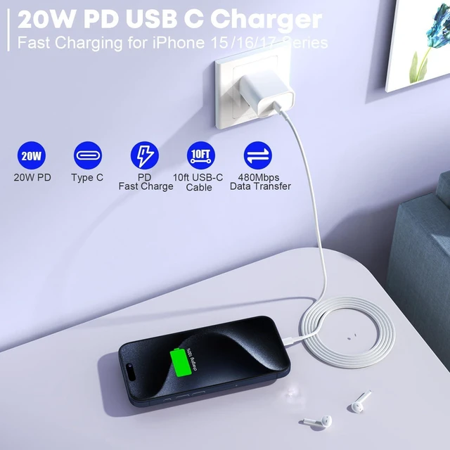 Alt view image 9 of 14 - Fast Charger for iPhone 17/16/15 Charger,10FT Extra Long Fast Charging 3Pack Block USB-C to USB C Fast Charging Cable Cord for iPhone Air/17 Pro Max/iPhone 16 Pro/16 Plus/15 Pro Max,iPad Pro/Air/Mini