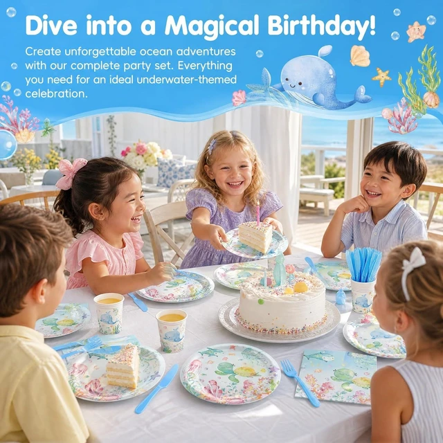 Alt view image 13 of 14 - 120PCS Under the Sea Party Supplies for Ocean Theme Baby Shower Birthday Party Underwater World Creatures Decorations Ocean Sea Animal Plate Cup Napkin Knives Forks for 20 Guests