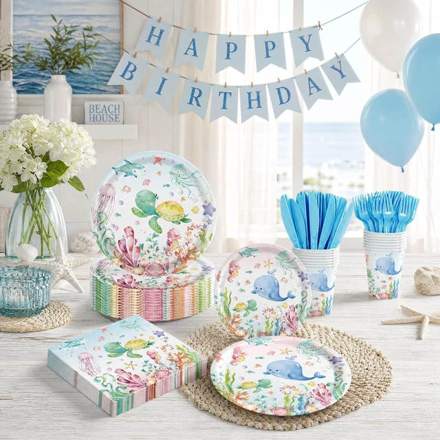 Alt view image 14 of 14 - 120PCS Under the Sea Party Supplies for Ocean Theme Baby Shower Birthday Party Underwater World Creatures Decorations Ocean Sea Animal Plate Cup Napkin Knives Forks for 20 Guests
