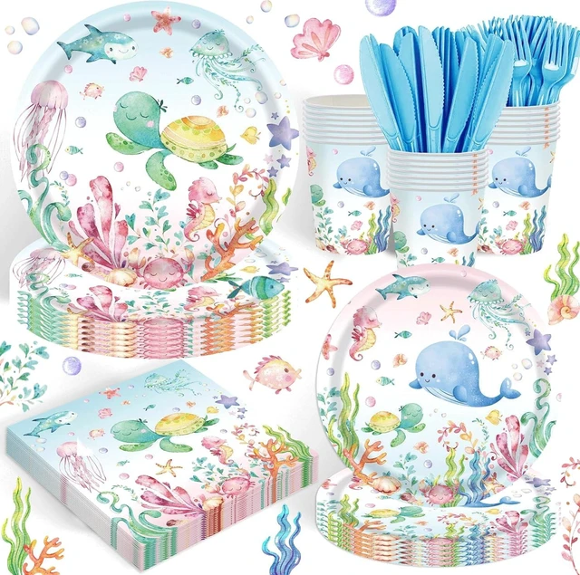 Alt view image 8 of 14 - 120PCS Under the Sea Party Supplies for Ocean Theme Baby Shower Birthday Party Underwater World Creatures Decorations Ocean Sea Animal Plate Cup Napkin Knives Forks for 20 Guests