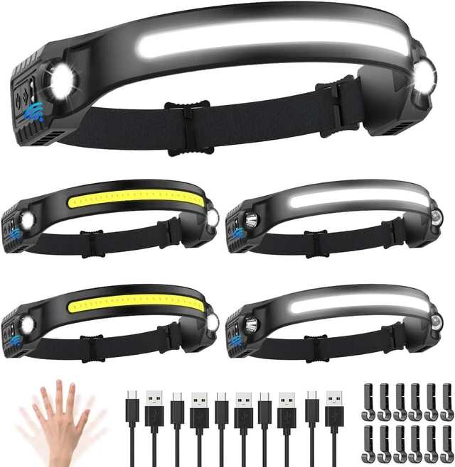 Alt view image 7 of 12 - Headlamp Rechargeable 5Pack, 230° Wide Beam Head Lamp with 2 Spotlights, LED Headlamp with Motion Sensor, 5Mode Rechargeable Headlamp, Head Lights for Forehead, Headlamps for Adults Running Hard Hat