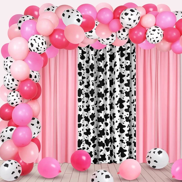 Alt view image 7 of 12 - SmoothNovelty 57 Pcs Western Cowgirl Party Decorations 2 Pink and 1 Cow Chiffon Backdrop Curtains 50 Cow Theme Balloons with Accessories for Farm Animal Cow Theme Birthday Party Photo Supplies