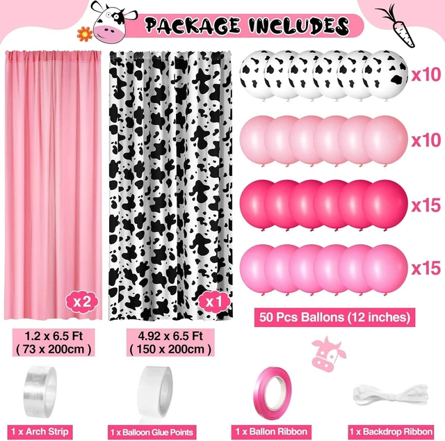Alt view image 8 of 12 - SmoothNovelty 57 Pcs Western Cowgirl Party Decorations 2 Pink and 1 Cow Chiffon Backdrop Curtains 50 Cow Theme Balloons with Accessories for Farm Animal Cow Theme Birthday Party Photo Supplies