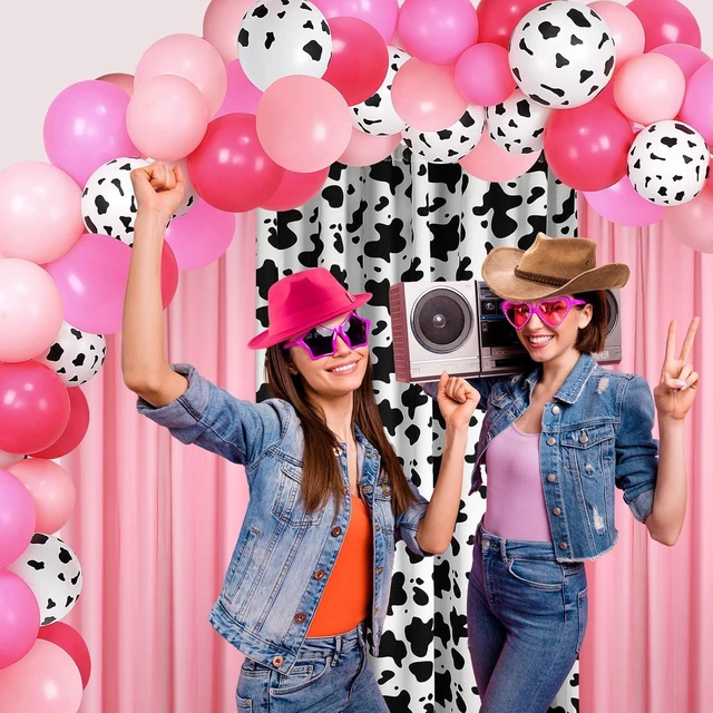 Alt view image 12 of 12 - SmoothNovelty 57 Pcs Western Cowgirl Party Decorations 2 Pink and 1 Cow Chiffon Backdrop Curtains 50 Cow Theme Balloons with Accessories for Farm Animal Cow Theme Birthday Party Photo Supplies