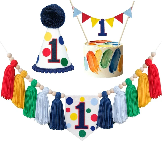 Alt view image 8 of 14 - Colourful Rainbow Dot 1st High Chair Banner Conical Cap Primary Colors Cake Topper for Boys Girls Birthday Party Decorations