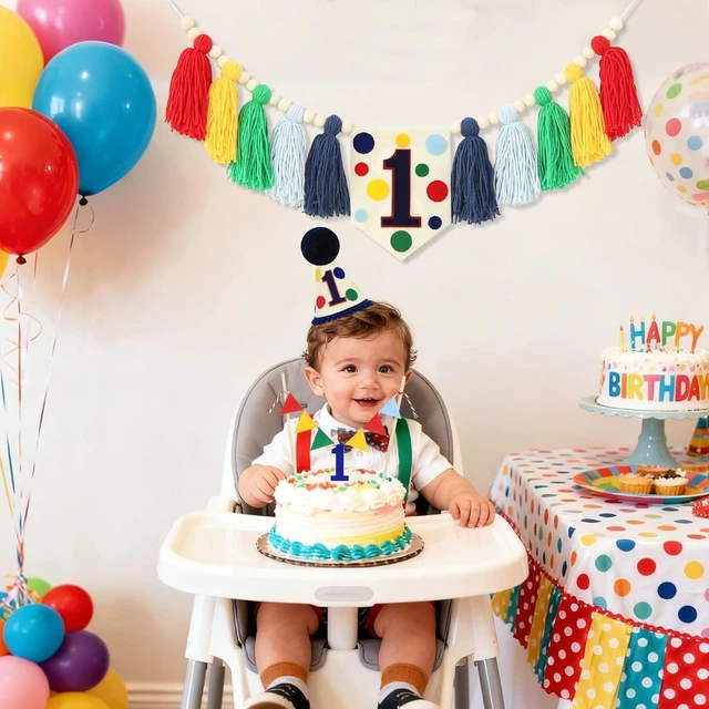 Alt view image 9 of 14 - Colourful Rainbow Dot 1st High Chair Banner Conical Cap Primary Colors Cake Topper for Boys Girls Birthday Party Decorations