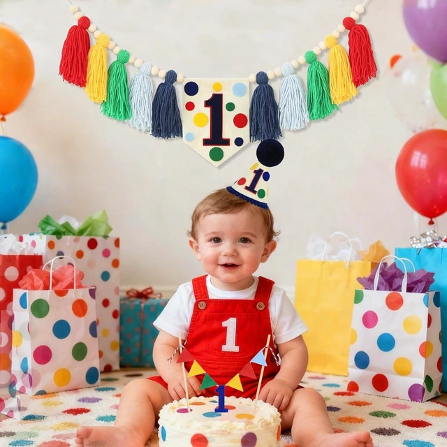 Alt view image 10 of 14 - Colourful Rainbow Dot 1st High Chair Banner Conical Cap Primary Colors Cake Topper for Boys Girls Birthday Party Decorations