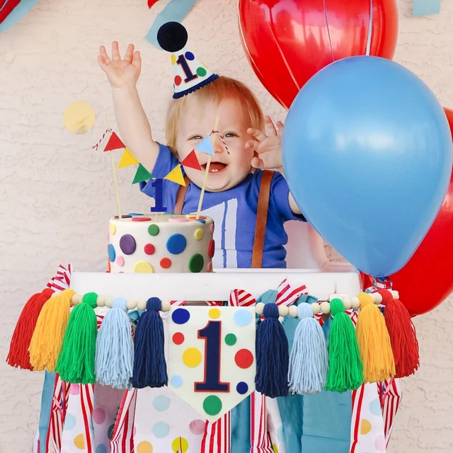 Alt view image 11 of 14 - Colourful Rainbow Dot 1st High Chair Banner Conical Cap Primary Colors Cake Topper for Boys Girls Birthday Party Decorations