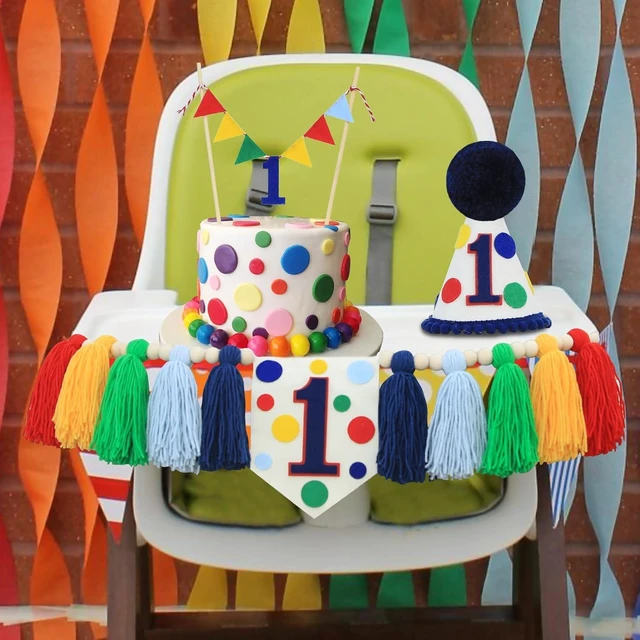 Alt view image 12 of 14 - Colourful Rainbow Dot 1st High Chair Banner Conical Cap Primary Colors Cake Topper for Boys Girls Birthday Party Decorations