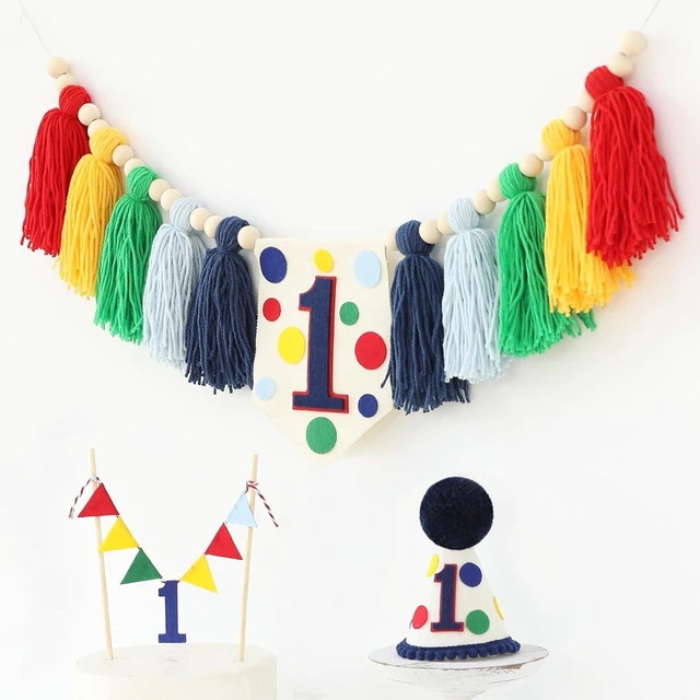 Alt view image 13 of 14 - Colourful Rainbow Dot 1st High Chair Banner Conical Cap Primary Colors Cake Topper for Boys Girls Birthday Party Decorations