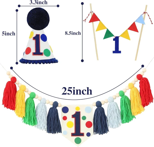 Alt view image 14 of 14 - Colourful Rainbow Dot 1st High Chair Banner Conical Cap Primary Colors Cake Topper for Boys Girls Birthday Party Decorations
