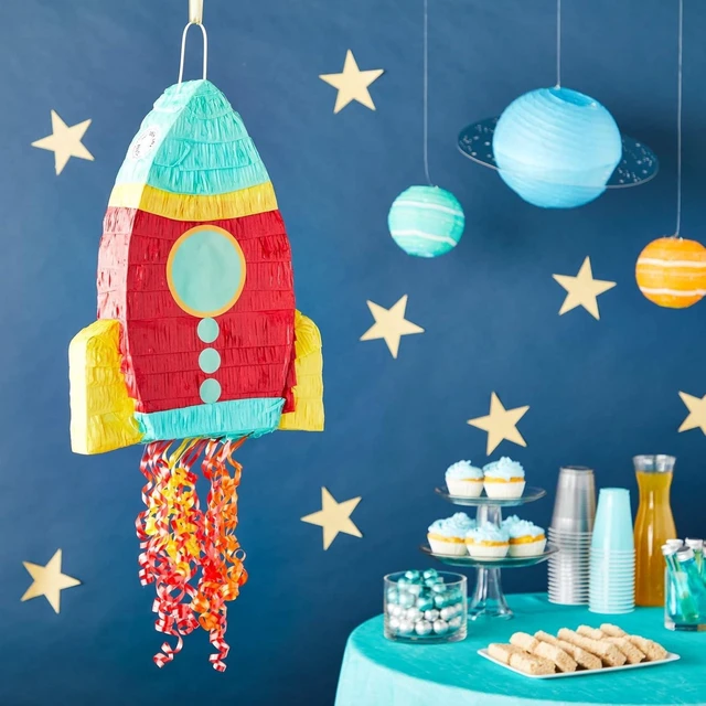 Alt view image 9 of 14 - BLUE PANDA Rocket Ship Pull String Pinata for Space Birthday Decorations, Party Supplies & Outer Space Party Decor - 16.5 x 12.5 x 3 In, Red