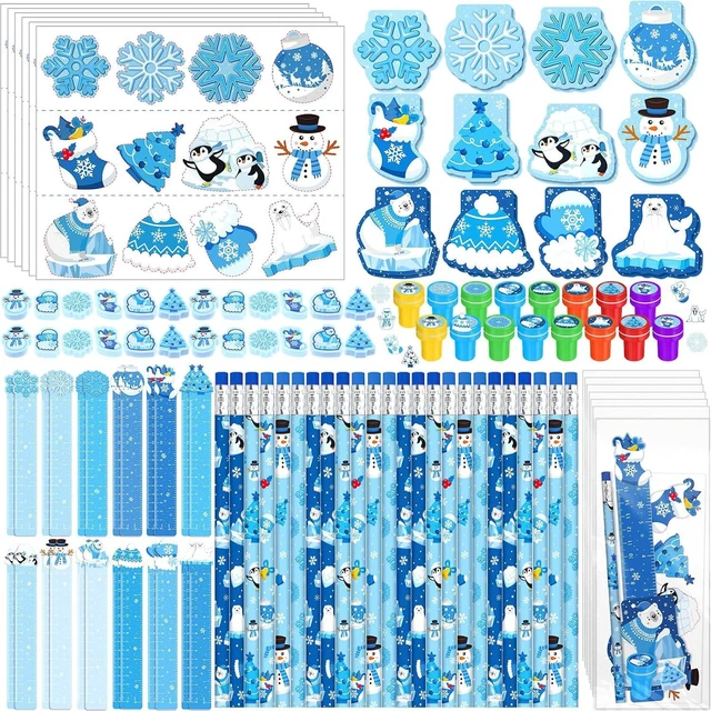 Alt view image 7 of 12 - Faccito 168 Pcs Winter Party Favors Snowflake Party Supplies Winter Wonderland Stationery Set Notebook Sticker Stamper Eraser Ruler Pencil for Christmas Baby Shower Birthday Gift Prize