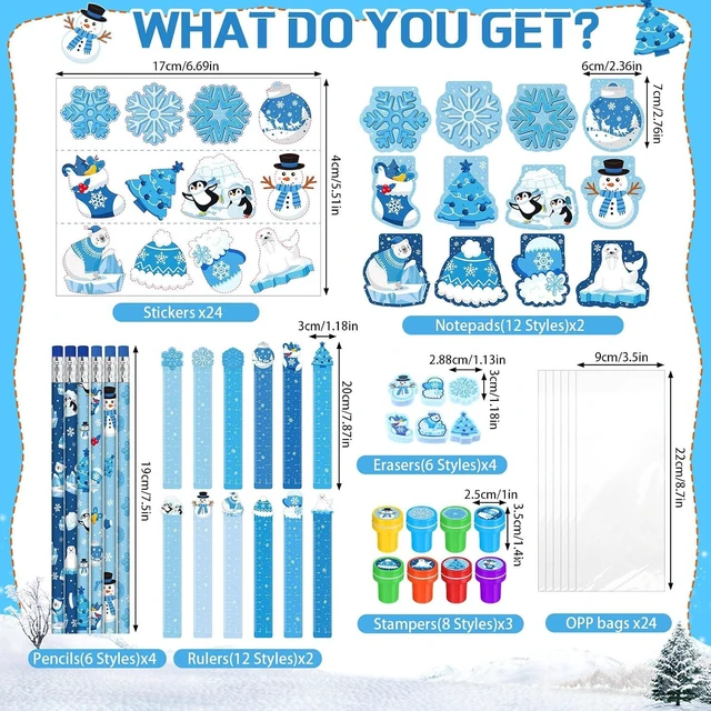 Alt view image 8 of 12 - Faccito 168 Pcs Winter Party Favors Snowflake Party Supplies Winter Wonderland Stationery Set Notebook Sticker Stamper Eraser Ruler Pencil for Christmas Baby Shower Birthday Gift Prize