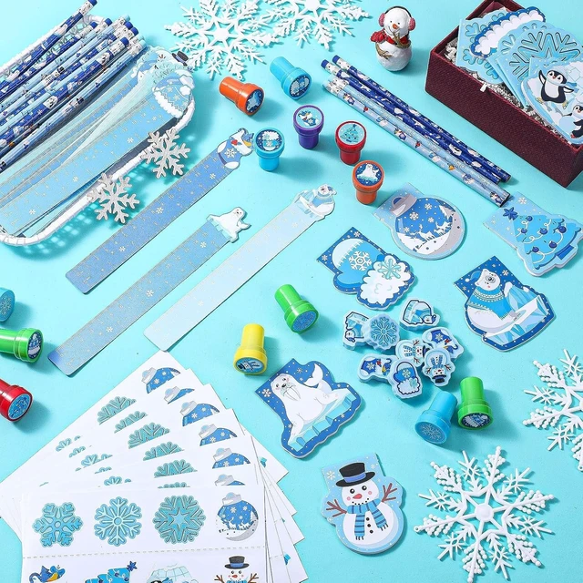 Alt view image 9 of 12 - Faccito 168 Pcs Winter Party Favors Snowflake Party Supplies Winter Wonderland Stationery Set Notebook Sticker Stamper Eraser Ruler Pencil for Christmas Baby Shower Birthday Gift Prize