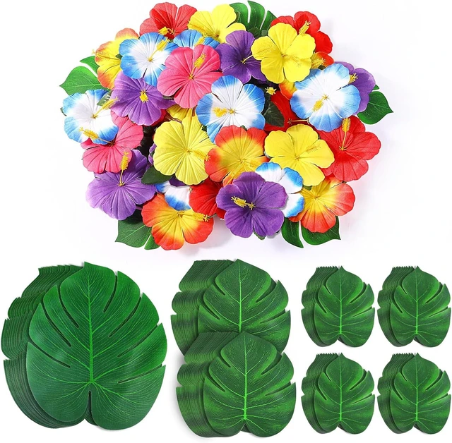 Alt view image 8 of 14 - 126Pcs Luau Party Decorations Supplies Tropical Palm Leaves Hibiscus Flowers Simulation Artificial Leaf for Hawaiian Luau Safari Parties Jungle Beach Theme BBQ Birthday Party Decorations Table Décor