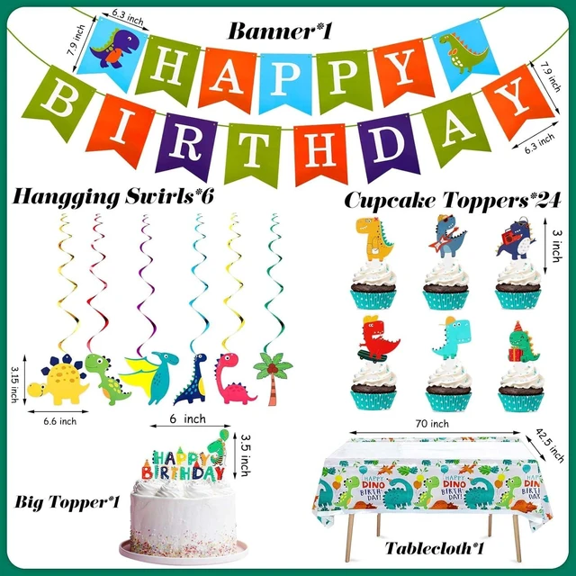 Alt view image 9 of 14 - Tessco 193 Pcs Dinosaur Birthday Party Supplies Includes Plates Cups Napkins Banner Knives Fork Spoon Tablecloth Cupcake Toppers Straw Swirls for Boys Dino Birthday Party Decoration, Serves 20 Guests