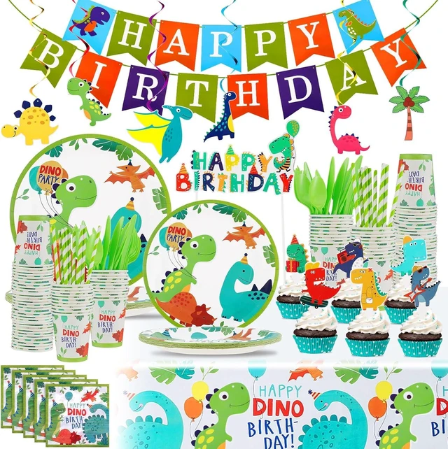 Alt view image 8 of 14 - Tessco 193 Pcs Dinosaur Birthday Party Supplies Includes Plates Cups Napkins Banner Knives Fork Spoon Tablecloth Cupcake Toppers Straw Swirls for Boys Dino Birthday Party Decoration, Serves 20 Guests