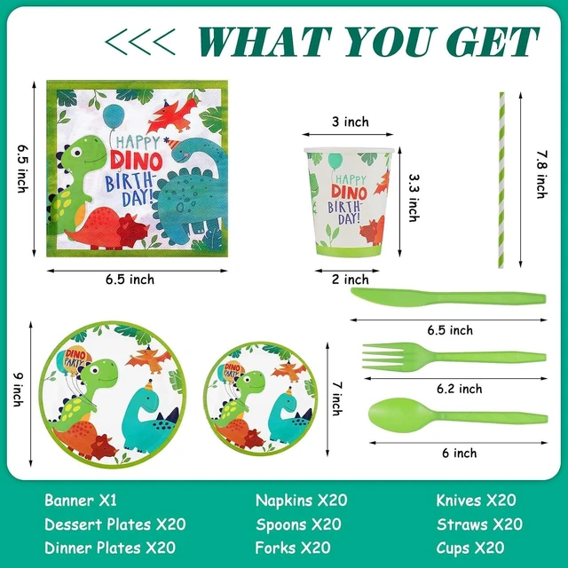 Alt view image 10 of 14 - Tessco 193 Pcs Dinosaur Birthday Party Supplies Includes Plates Cups Napkins Banner Knives Fork Spoon Tablecloth Cupcake Toppers Straw Swirls for Boys Dino Birthday Party Decoration, Serves 20 Guests